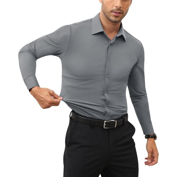 Men Silver Long Sleeve Slim Muscle Fit Wrinkle Free Button Down Dress Shirts - Picture 7 of 9
